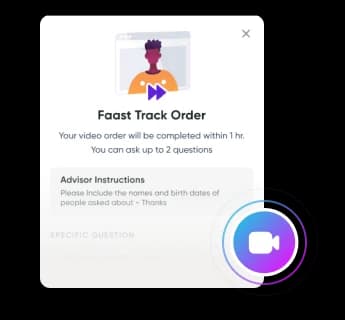 A fast track order screen confirming a video reading is delivered within one hour.